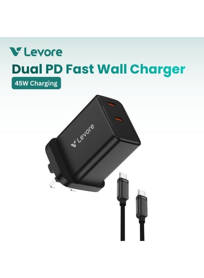 LEVORE 45w Dual PD GAN Wall Charger with C to C Cable - LGW141-BK - Image 1